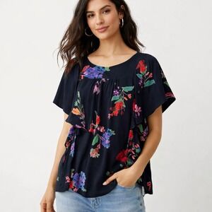 Maeve Anthropologie Floral Blouse Black Short Sleeve Boho Feminine Top Size M